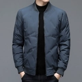 Men's premium matte blue down jacket with a stylish stand collar and ribbed knit trims - M / Fog Blue