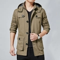 Veste cargo homme en coton kaki avec capuche, poches multiples et fermeture à boutons métal - M / Khaki