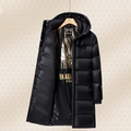 Doudoune longue noire brillante à capuche pour l'hiver avec doublure dorée élégante - S / Or Noir