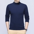 Men's navy blue slim fit long sleeve knit sweater with a sophisticated semi-high neck - Dark Blue