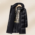 Men's winter long black down jacket with a metallic gold honeycomb heat-reflective lining - S / Black Gold