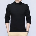 Male model wearing black mock neck long sleeve knitted sweater in slim fit for autumn - Black