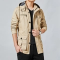 Khaki Herren Baumwolljacke mit Kapuze, funktionellen Taschen und Karofutter - M / Khaki