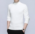 Slim fit men's long sleeve mock neck knit sweater in pure white color with ribbed cuffs - White