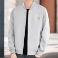 Men's light gray baseball collar jacket featuring crane embroidery and ribbed details - M / Gray