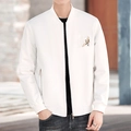 White bomber jacket for men featuring luxury crane embroidery and ribbed baseball collar - M / White