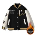 Classic American retro patchwork baseball jacket with letter patches and padded warm lining - M / Black