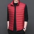 Men's lightweight stand collar down vest in deep red with horizontal quilting detail - S / Burgundy