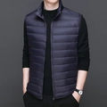 Men's lightweight navy blue down vest with stand collar and classic quilted design - S / Dark Blue
