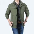 Men's outdoor hooded jacket in army green featuring windproof fabric and multiple zipper pockets - M / Army Green