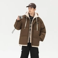 Herren Daunenjacke in Dunkelbraun mit beiger Kapuze im minimalistischen Lagenlook-Stil - S / Kaffeebraun