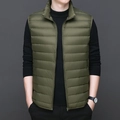 Men's lightweight olive green down vest with stand collar and quilted horizontal stitching - S / Army Green