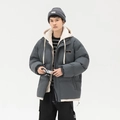 Men's loose dark grey hooded puffer jacket with cream white contrast lining and patch - S / Dark Gray