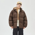 Men's dark brown oversized padded jacket with hood and windproof stand collar - S / Coffee