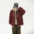 Men's burgundy padded winter jacket with beige double-layer hood and loose fit design - S / Burgundy