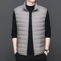 Sleeveless men's quilted down vest in taupe grey with stand collar and zipper closure - S / Light Gray