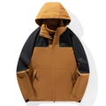 Outdoor color-block hiking jacket in brown and black with adjustable cuffs and hood - S / Caramel color