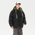 Men's black quilted puffer jacket in a loose fit with olive green hooded layer - S / Black