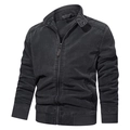 Men's dark grey washed cotton military jacket with stand collar and zipper closure - 6XL / Black