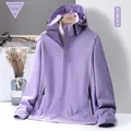 Women's purple hooded windbreaker jacket with waterproof zippers and explore print - M / Purple [Women]