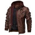 Detail view of brown PU leather jacket with a detachable burgundy hood and zipper pockets - S / Coffee