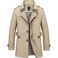 Classic khaki mid-length cotton windbreaker jacket for men with stylish shoulder straps - M / Light Khaki (1306)