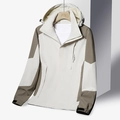 Outdoor hooded jacket with cream and khaki color-block design and windproof cuffs - M / Beige (Women)