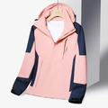 Pink and navy outdoor hooded jacket with waterproof zipper pocket and sport print - M / Pink (Women)