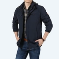 Men's navy blue windproof outdoor hooded jacket with sleeve badge and zip pockets - M / Blue