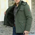 Army green fleece-lined hooded jacket for men with warm thickened interior and embroidery - L / Army Green