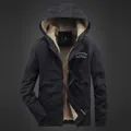 Men's navy blue hooded cargo jacket with warm white fleece lining and zipper closure - M / Black