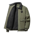 Men's army green corduroy jacket with thick fleece lining and ribbed cuffs on white back - M / Army Green