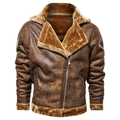 Brown faux suede aviator jacket for men with warm faux lamb wool lining and collar - Brown