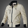 Men's khaki cotton military tactical jacket with stand collar and ribbed cuffs design - M / Khaki