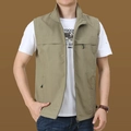 Men's quick-dry khaki outdoor vest with stand collar and functional zippers - M / Tops / Khaki (7929)