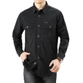 Men's casual long-sleeved cotton cargo shirt in black with double chest pockets - 6XL / Black
