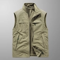 Men's reversible outdoor fleece vest with standing collar and functional zipper pockets - M / Khaki