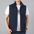 Men's navy blue casual multi-pocket outdoor vest with standing collar and zipper design - M / Dark Blue