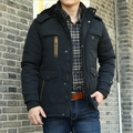 Men's winter black hooded padded jacket with brown trim and warm fleece lining - M / Black
