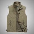 Men's outdoor utility vest in olive green featuring multiple zipper pockets and mesh lining - M / Khaki