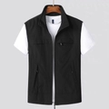 Men's casual black utility vest with multi-pockets and stand collar for outdoor wear - M / Black