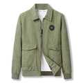 Men's green corduroy varsity jacket with lapel collar and chest badge on white background - M / Army Green
