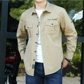 Khaki cotton long sleeve cargo shirt for men featuring double chest pockets and embroidery - 3XL / Khaki