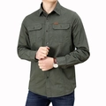 Army green long sleeve cotton work shirt for men featuring classic double chest pockets - 3XL / Army Green
