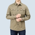 Men's khaki long sleeve cotton cargo shirt with dual breast pockets and button closure - 3XL / Khaki