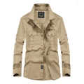 Men's khaki long sleeve cotton cargo shirt with tactical pockets and OFF-ROAD embroidery - M / Khaki
