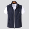 Men's casual multi-pocket fishing vest in dark navy blue with a zip-up stand collar design - M / Blue