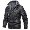 Men's retro black PU leather motorcycle jacket with grey detachable hood detail - L / Gray