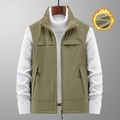 Men's khaki green multi-pocket vest with warm fleece lining and stand collar - M / Reversible Khaki