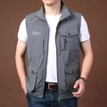 Men's outdoor functional cargo vest in dark grey with multi-pockets and stand collar - M / Gray
